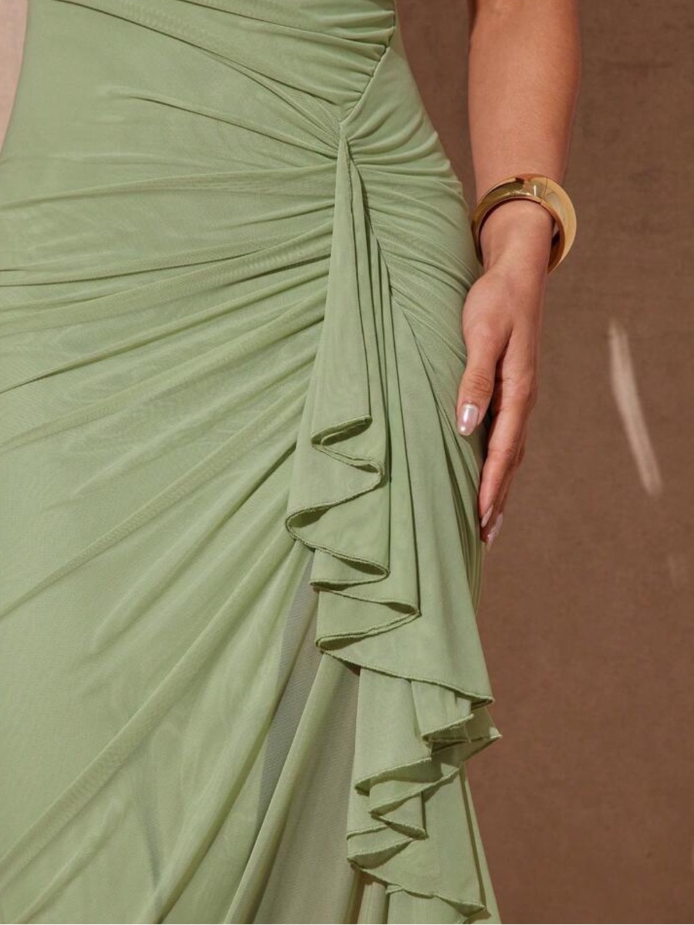 Mint Green Ruched Sheath Dress with Side Ruffle - Picture 7 of 7